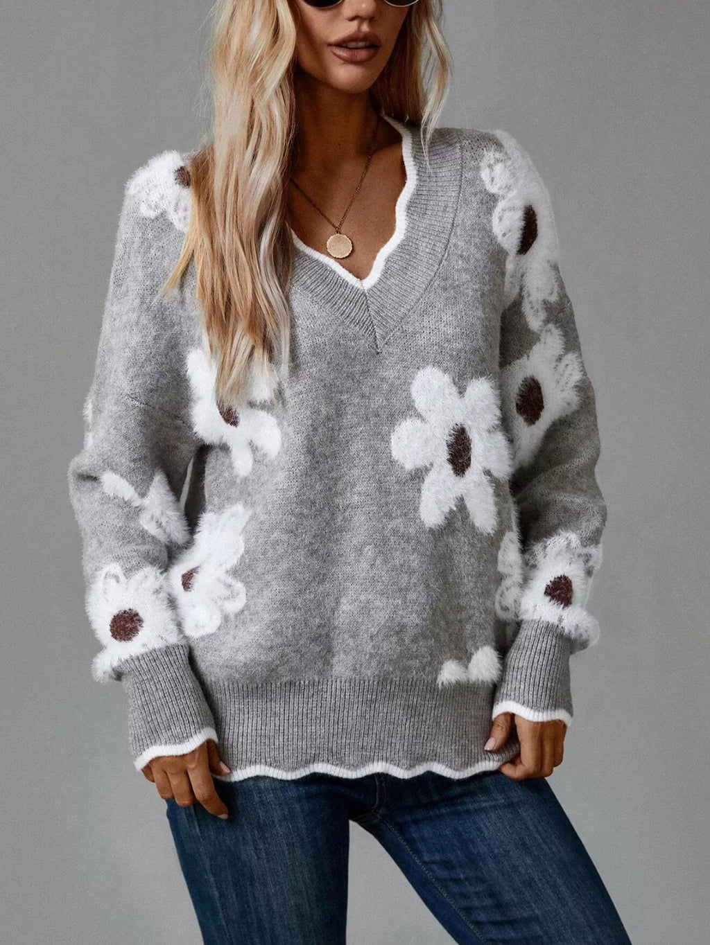 Women’s Floral V-Neck Long Sleeve Sweater