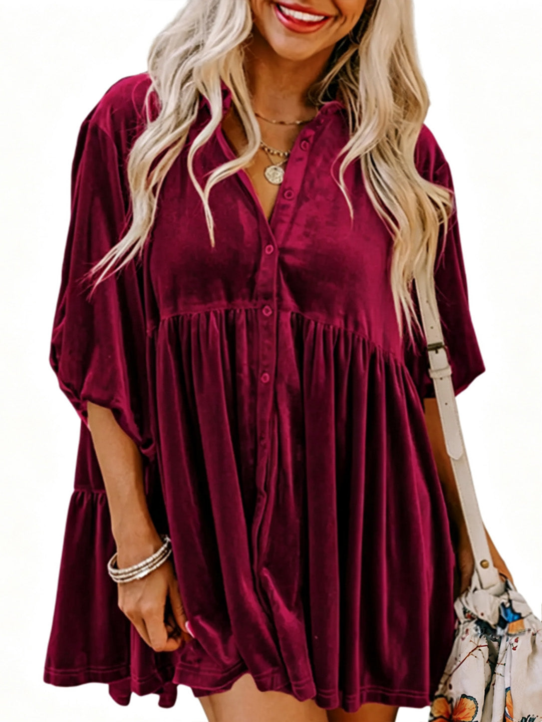 Velvet Babydoll Holiday Party Top 🍂 3/4 Lantern Sleeve Button Front Tunic