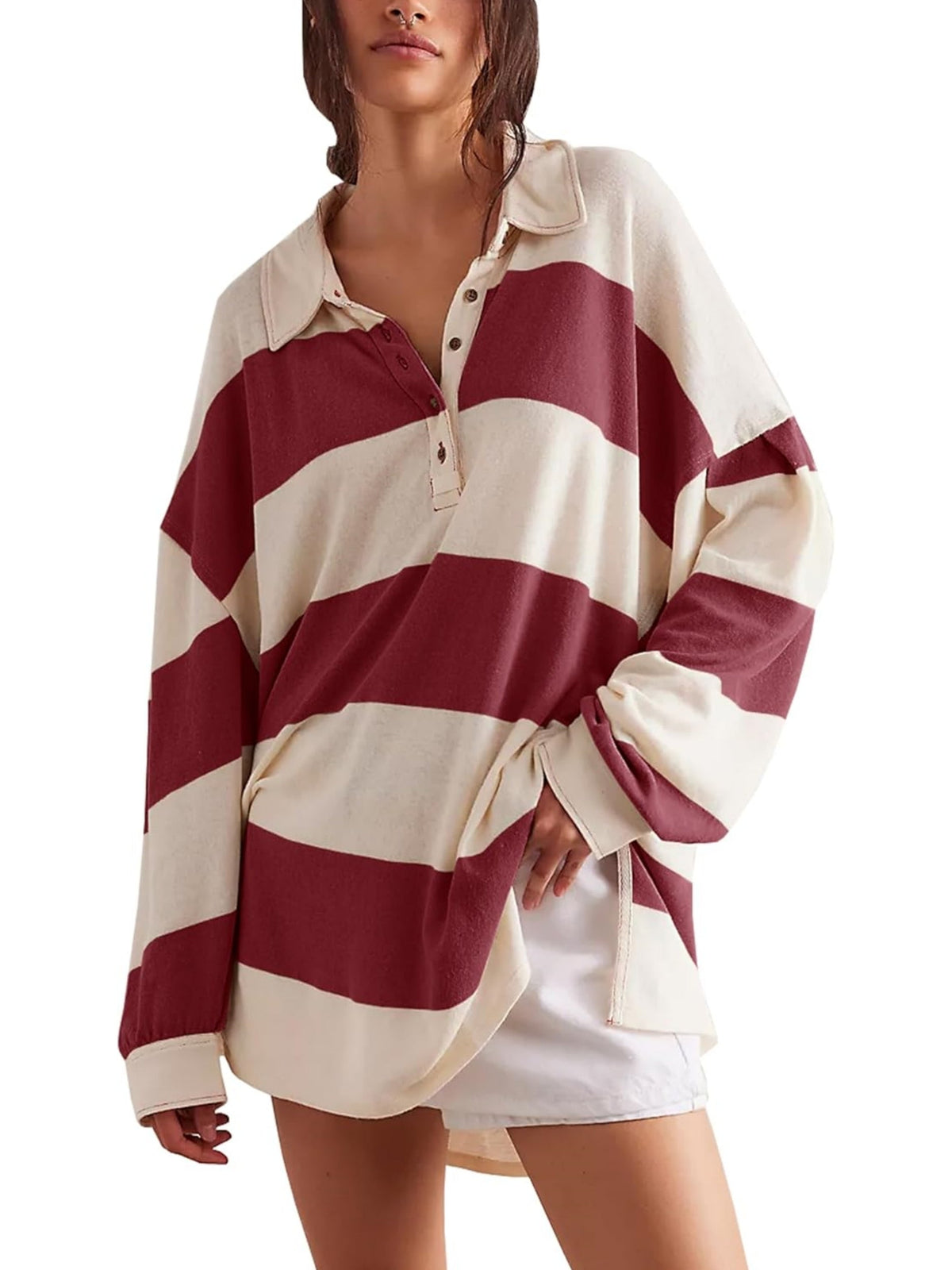 Women's Oversized Long Sleeve Button Striped Pullover