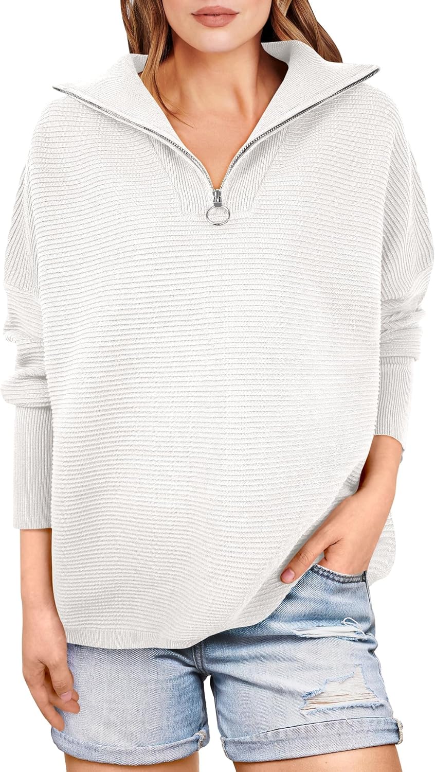 Quarter Zip Oversized Rib Knit Cozy Pullover Sweaters Top(50% OFF!!!)