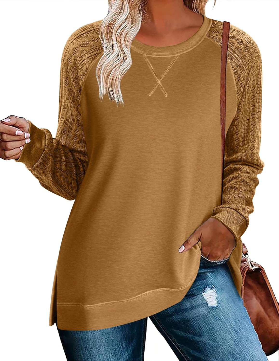 Womens  Lightweight Cable Knit Sleeve Shirts Trendy Fall Tunic Tops