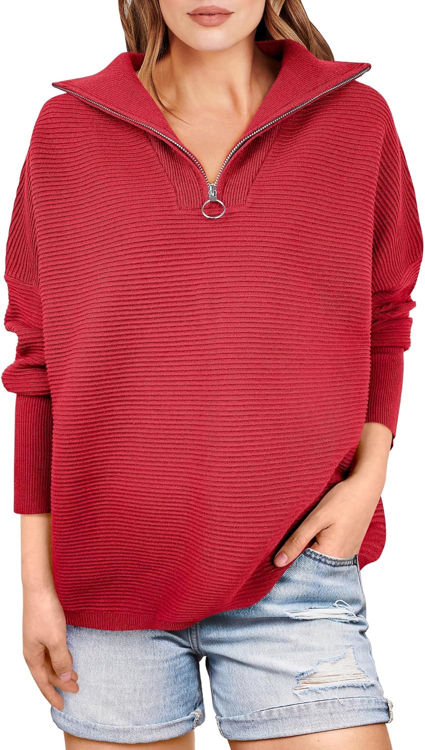 Quarter Zip Oversized Rib Knit Cozy Pullover Sweaters Top(50% OFF!!!)