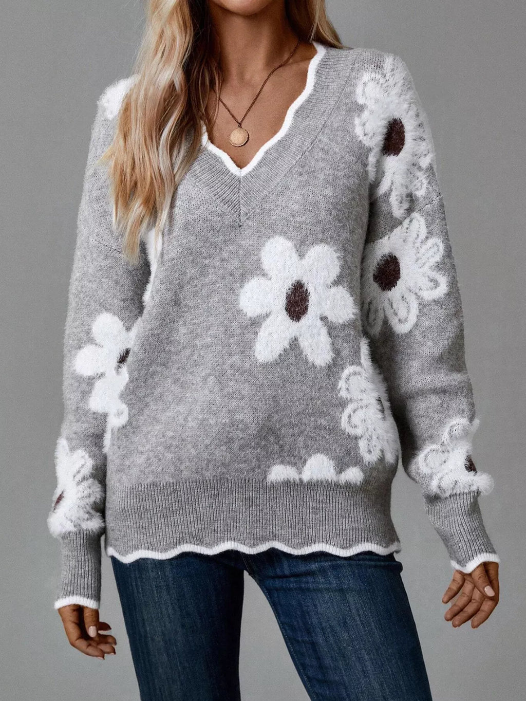 Women’s Floral V-Neck Long Sleeve Sweater